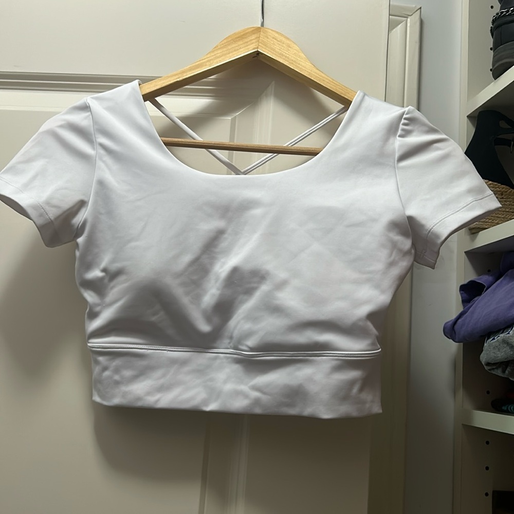 Revival small white short sleeve athletic crop top built in bra